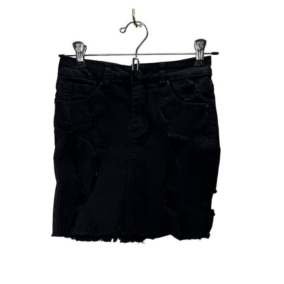 Wax Jean Mini Skirt Black Denim size S Distressed Stretchy Raw Hem Festival - Picture 1 of 7